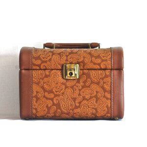 1960's Paisley Patterned Embossed Leather Train Case With Mirror - Italy